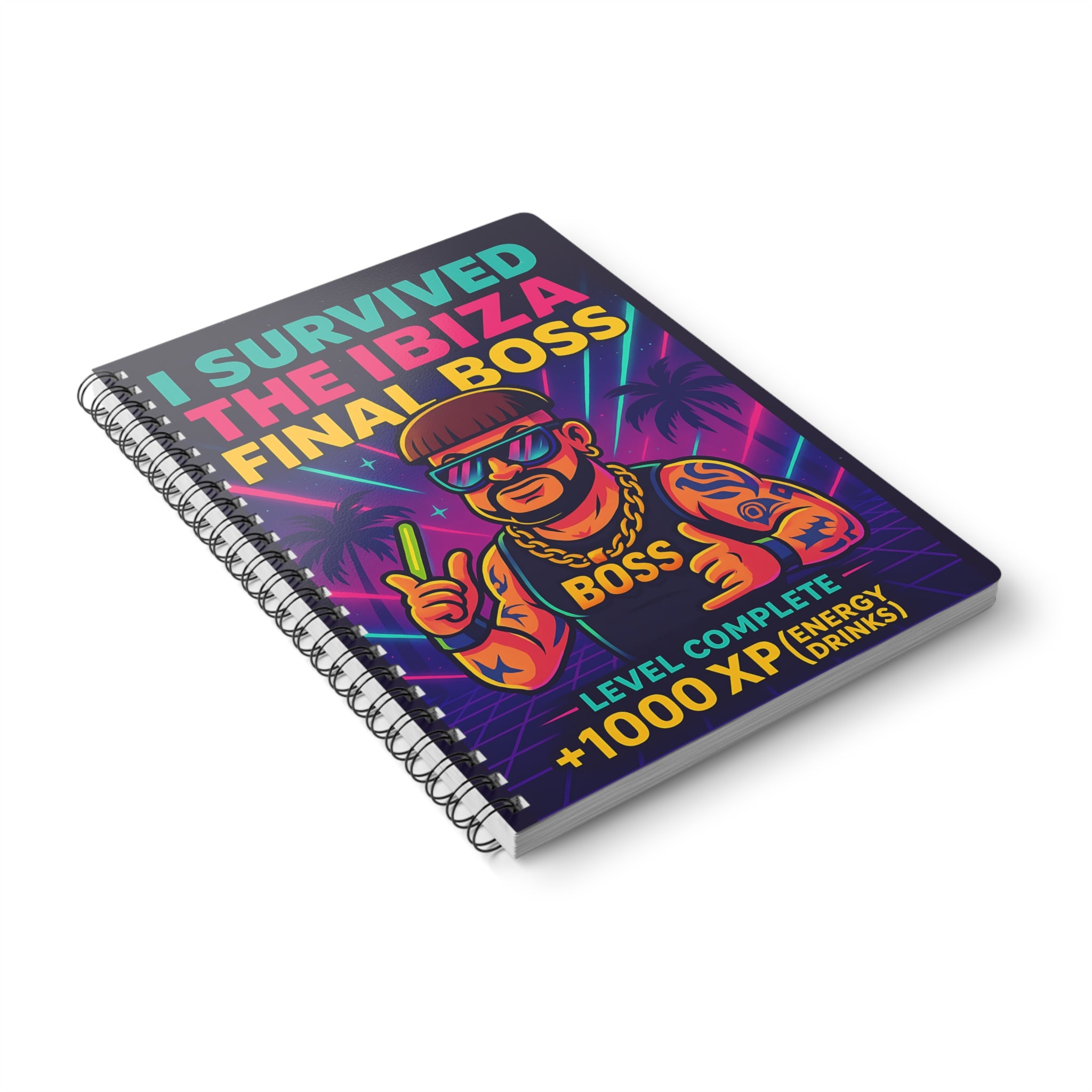 I Survived the Ibiza Final Boss Journal | Funny UK Summer Meme Notebook | British Rave Party Gift | A5 Neon Festival Uni Stationery