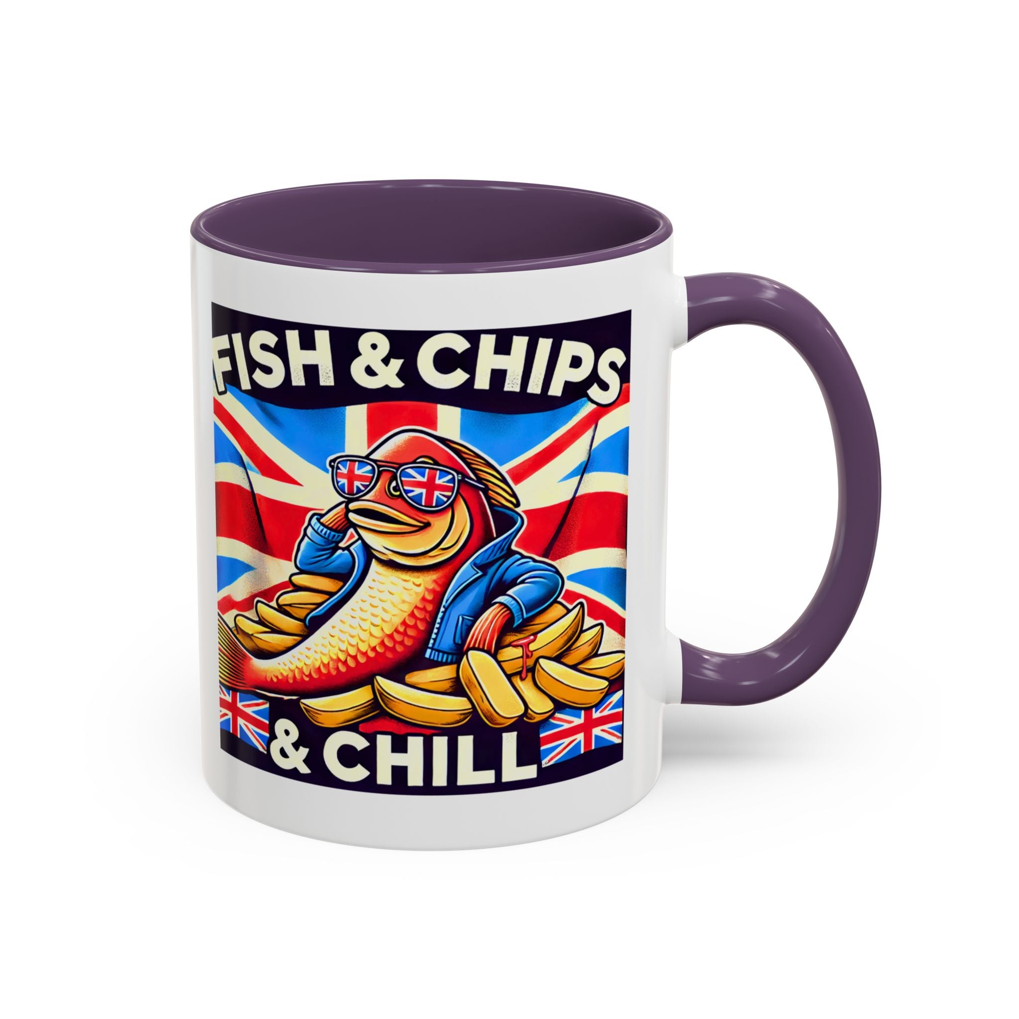 Fish & Chips n Chill Mug | Funny British Coffee Cup | Foodie Gift | Quirky UK Tea Mug | Accent Coffee Cup for Home or Office