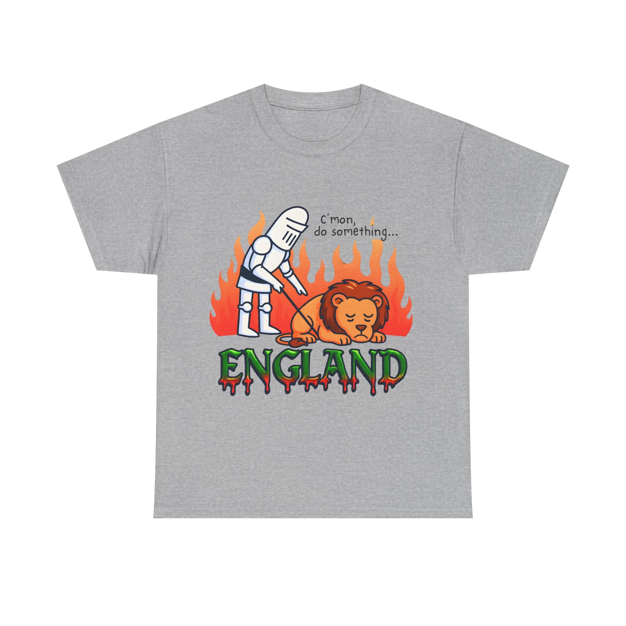 C'mon Do Something Funny England Meme T-Shirt | Unisex Heavy Cotton Tee | Sad Lion & Knight Cartoon National Pride Shirt | England T-shirt