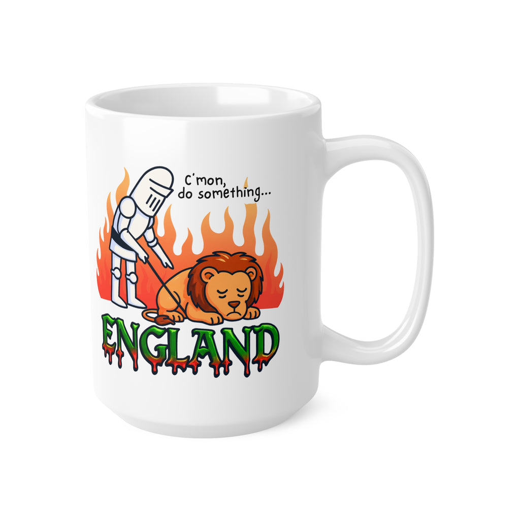 C'mon, Do Something Fiery Meme Mug | England Knight & Lion Cartoon Coffee Cup | 11oz and 15oz Parody Mug | Unique Gift for England Fans