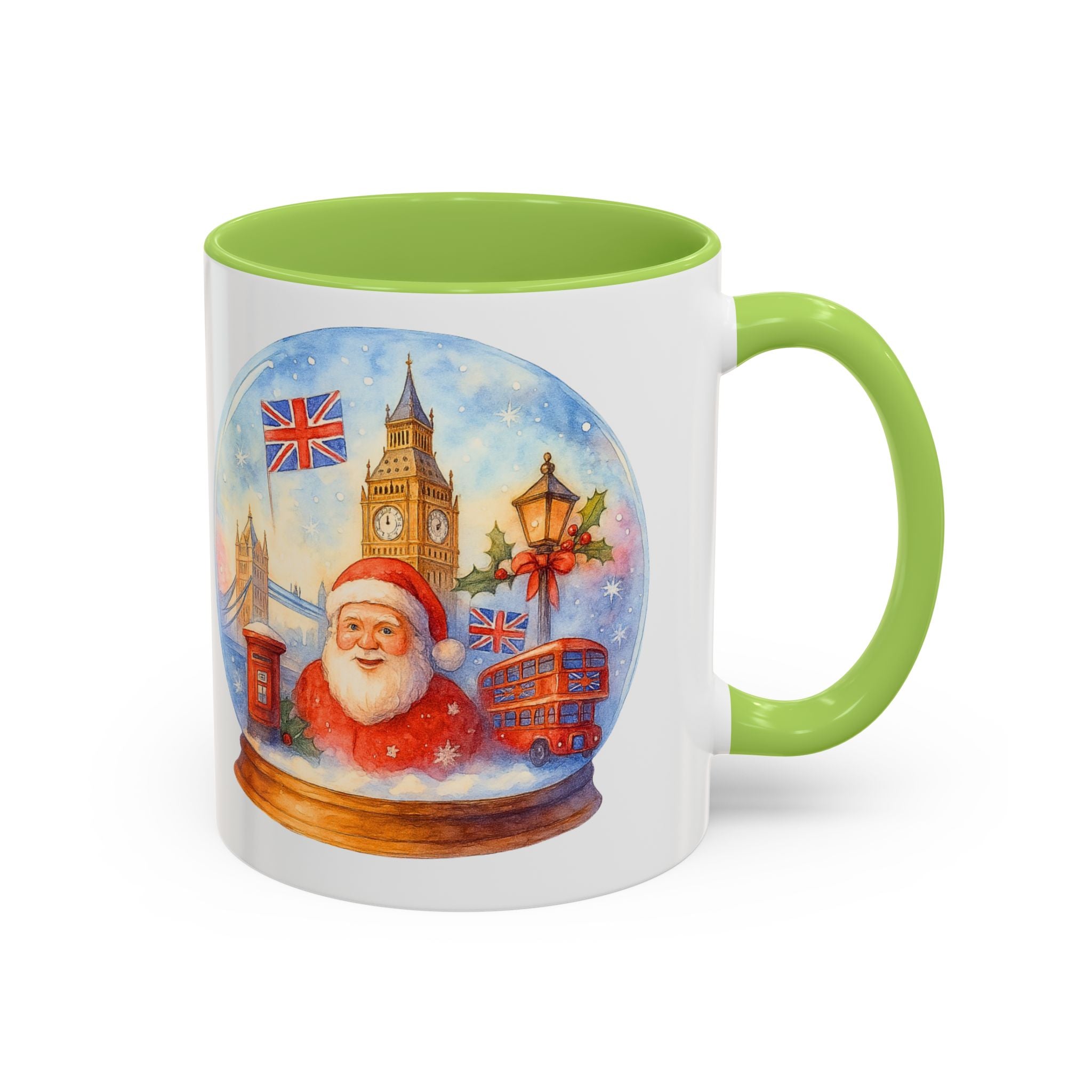 London Santa Snowglobe Mug | UK Christmas Souvenir Cup | Big Ben London Bus Festive Mug | British Holiday Gift