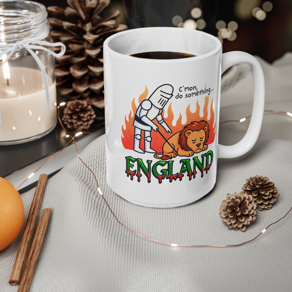 C'mon, Do Something Fiery Meme Mug | England Knight & Lion Cartoon Coffee Cup | 11oz and 15oz Parody Mug | Unique Gift for England Fans