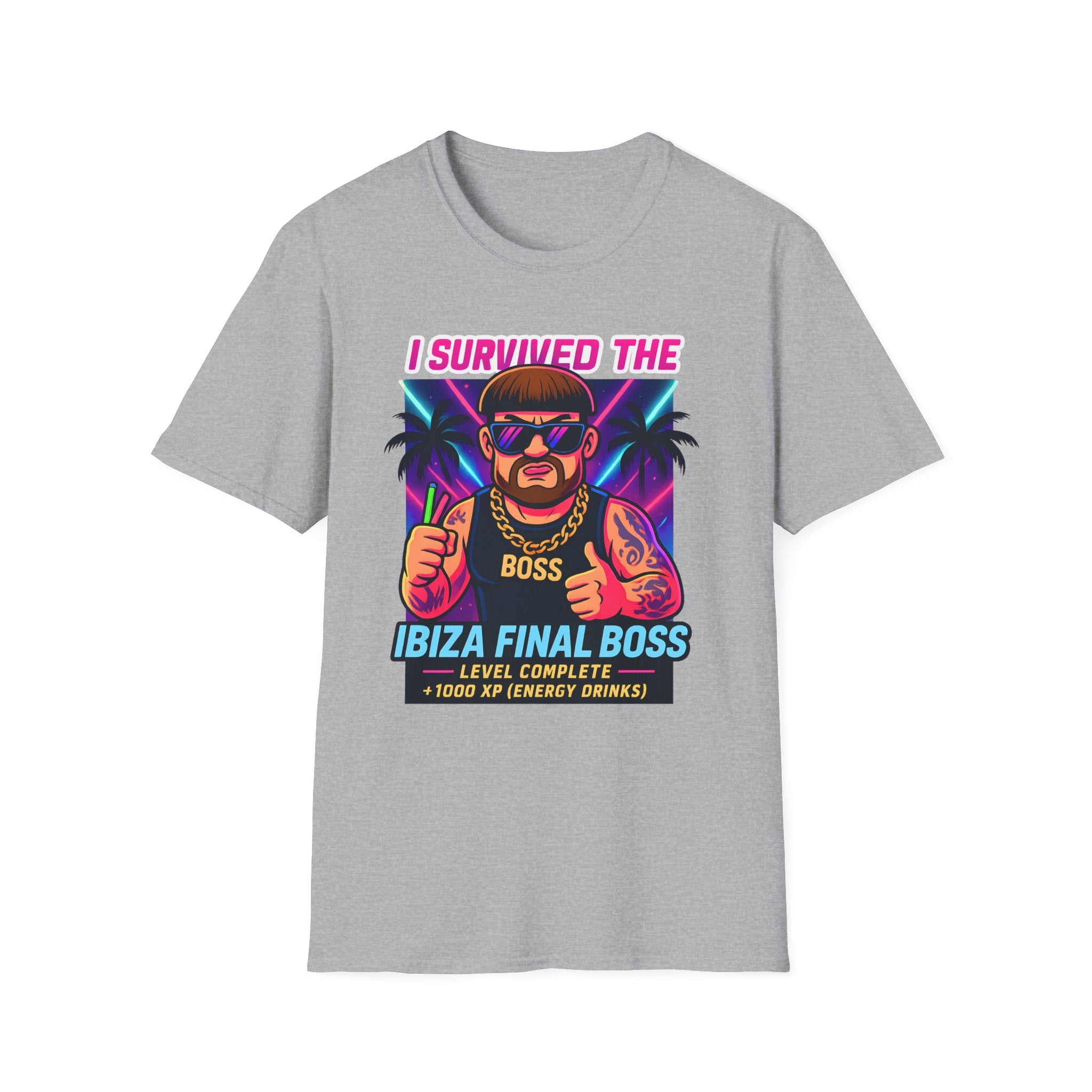 I Survived the Ibiza Final Boss T-Shirt | Funny UK Summer Meme Tee | British Pop Culture Rave Shirt | Festival Uni Gift Retro Party Tee