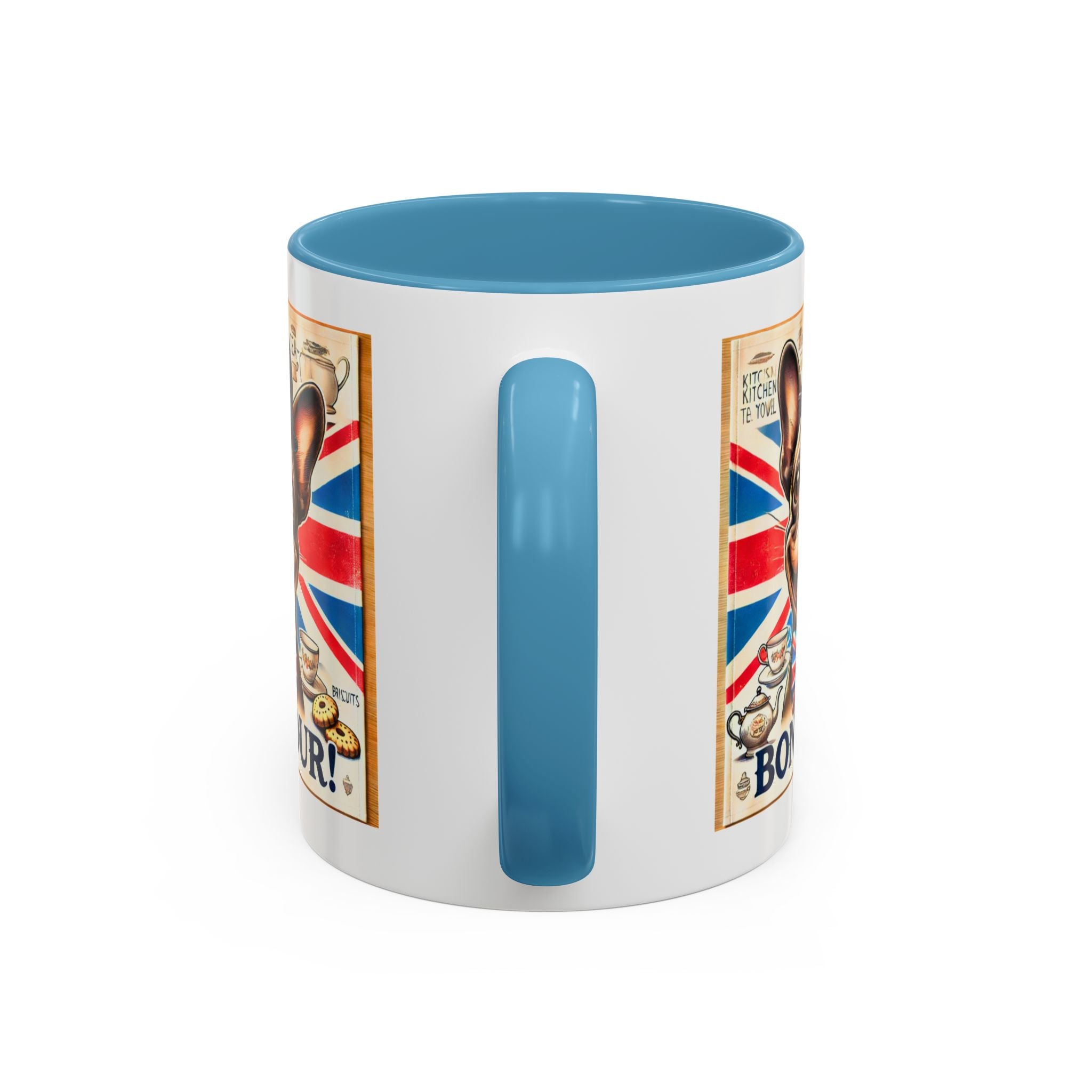 Bone-Jour Frenchie Mug | Funny Dog Lover Accent Coffee Cup | Cute French Bulldog Gift | Whimsical Patriotic Tea Mug | British Kitchen Decor