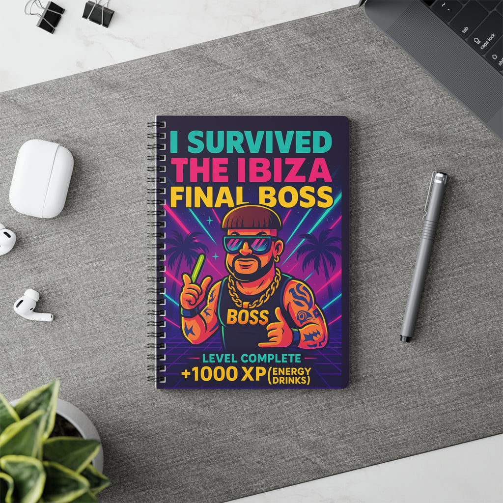 I Survived the Ibiza Final Boss Journal | Funny UK Summer Meme Notebook | British Rave Party Gift | A5 Neon Festival Uni Stationery