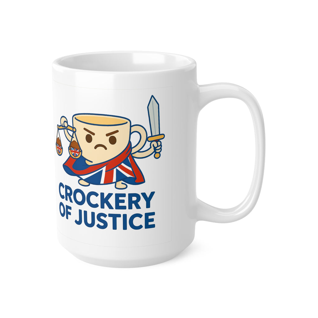 Crockery of Justice Mug | Funny Union Jack Cup with Scales & Sword | Quirky British Tea Humour Cup | UK Patriot Gift