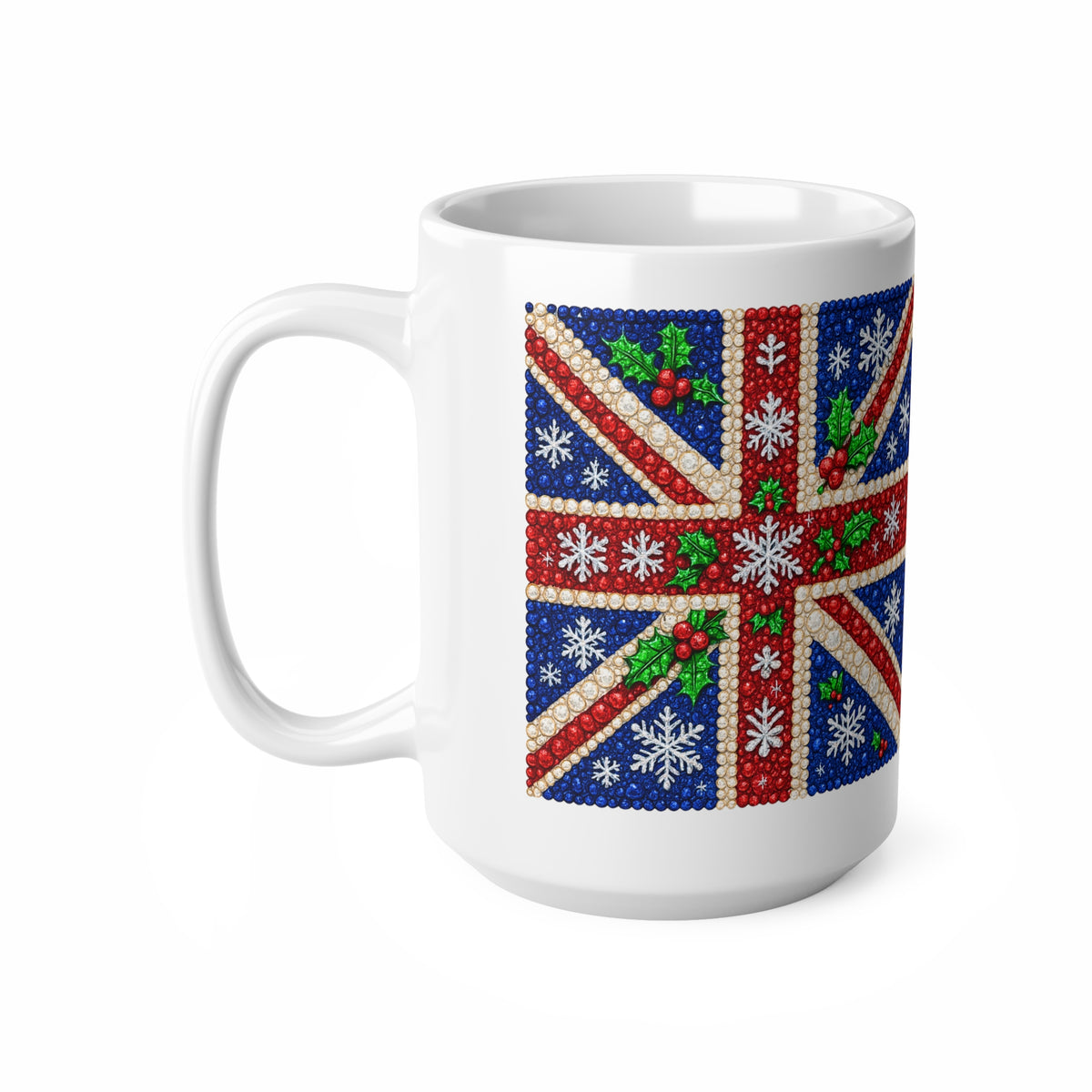 Rhinestone-style Union Jack Christmas mug with snowflakes, photo 4