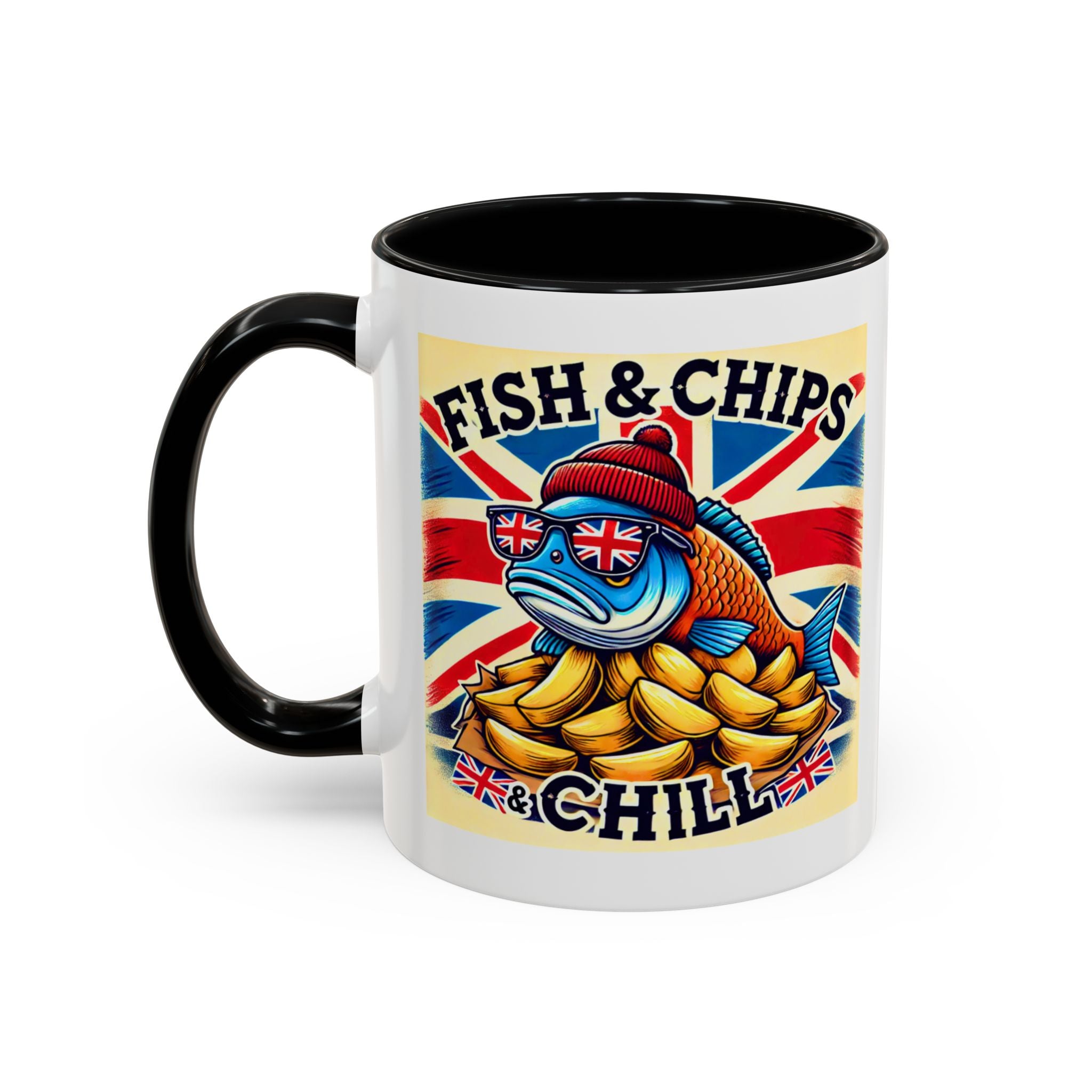Fish & Chips n Chill Mug | Funny British Coffee Cup | Foodie Gift | Quirky UK Tea Mug | Accent Coffee Cup for Home or Office