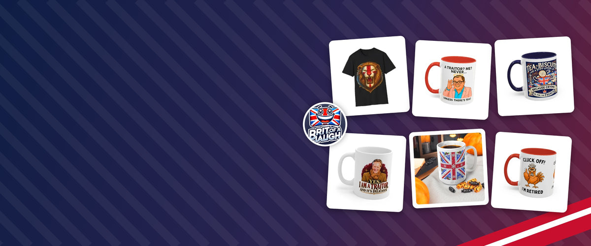 Brit Of A Laugh best sellers: England lion tee, Alan Carr Traitors mug, jewelled Union Jack mug and Crying Is for the French mug