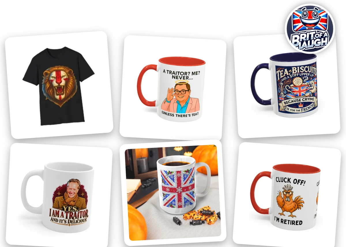 England lion tee, Alan Carr Traitors mug and Crying Is for the French mug